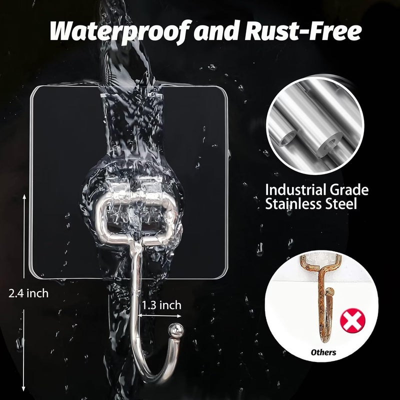 DKHDBD Large Adhesive Hooks, 16-Pack Hold 33lb(Max) Heavy Duty Sticky Hooks, Waterproof Transparent Hooks for Hanging, Self-Adhesive Traceless Clear Wall Hooks to Use for Keys Robe & Towel - Image 3